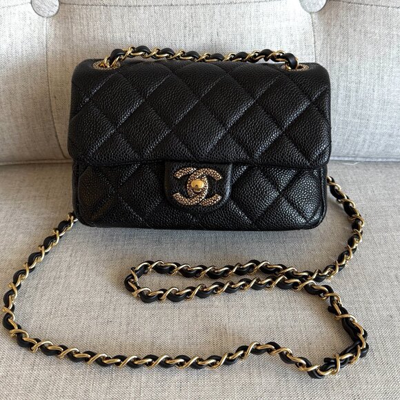 Seasonal CHANEL Two ways Full Set Grained Lambskin Quilted Mini Square Flap GHW - Picture 1 of 11
